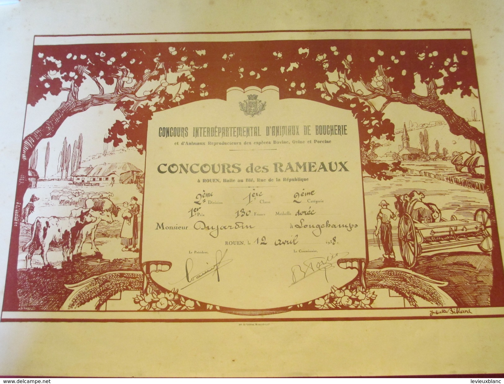 Diplôme / Animaux De Boucherie/ROUEN/Concours Des Rameaux/Prix /DUJARDIN/Longchamps/1938   DIP173 - Diplômes & Bulletins Scolaires