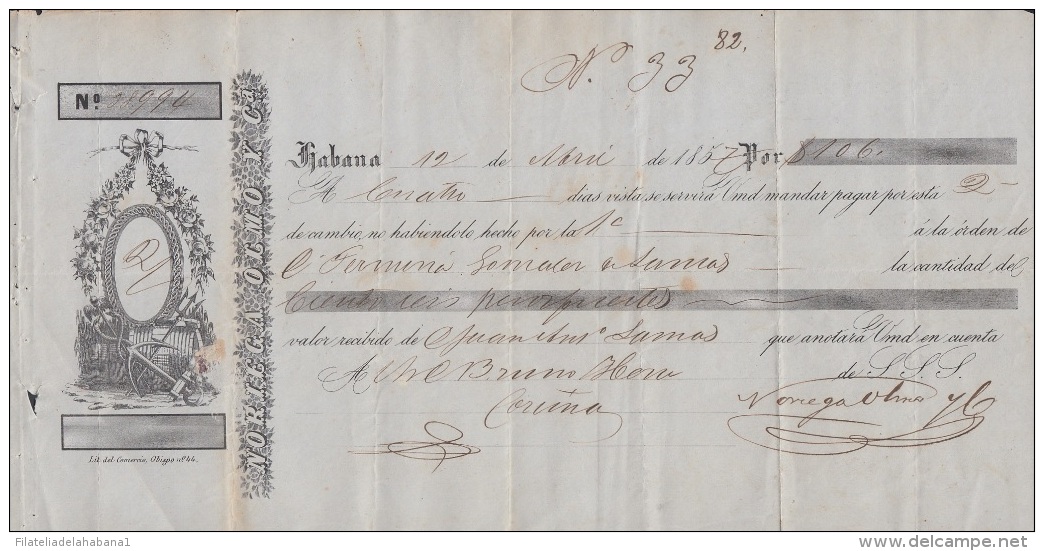 E5232 CUBA SPAIN ESPAÑA. 1857 EXCHANGE BANK CHECK NORIEGA OLMO Y Ca. - Cheques & Traveler's Cheques