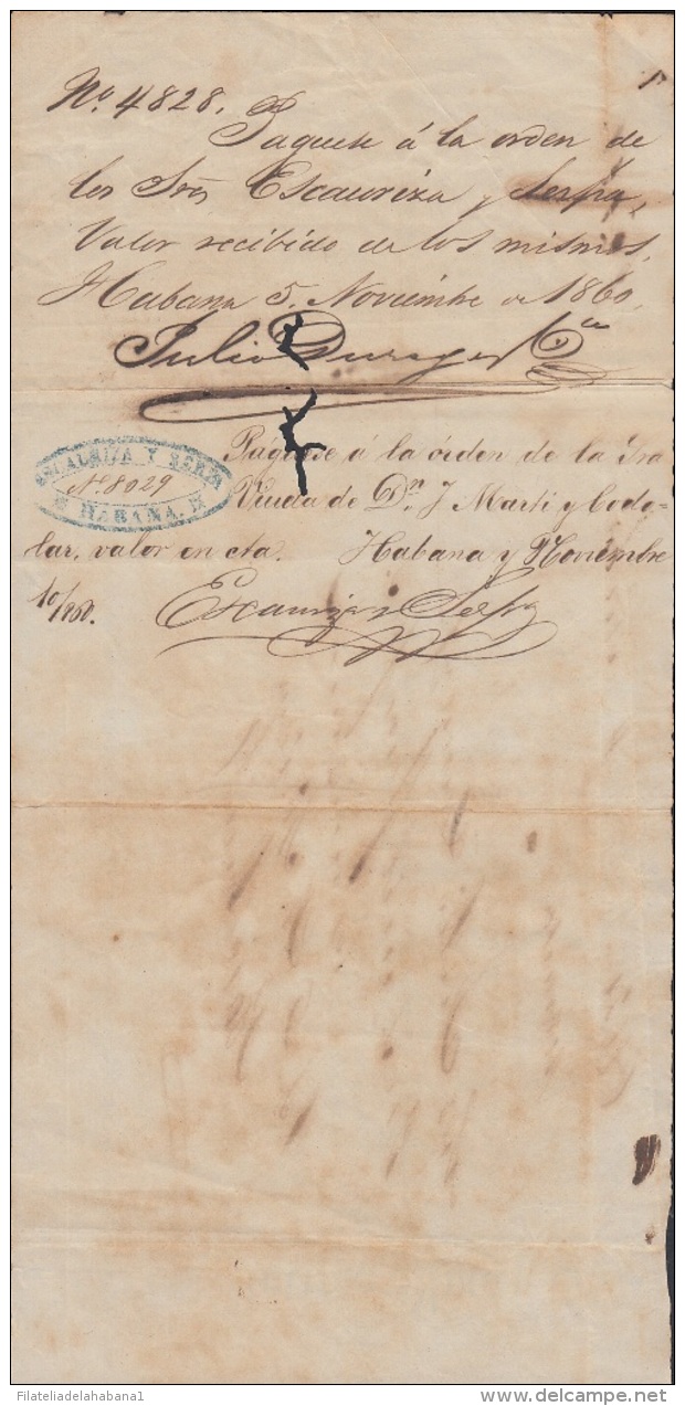 E5234 CUBA SPAIN ESPAÑA. 1860 EXCHANGE BANK CHECK NORIEGA OLMO Y Ca. - Cheques & Traveler's Cheques