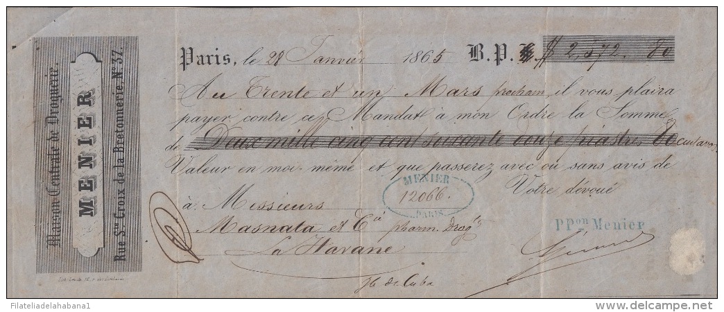 E5236 FRANCE FRANCIA. MENIER DRUG STORE PHARMACY 1865 - Cheques & Traveler's Cheques
