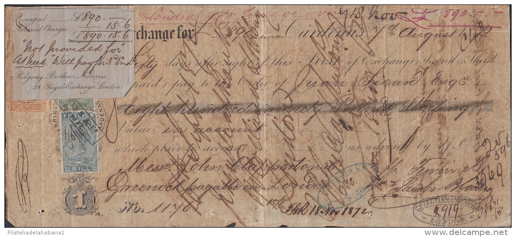 E5238 CUBA SPAIN ESPAÑA. 1872 EXCHANGE BANK CHECK GIROS + FOREIGN BILL UK. - Chèques & Chèques De Voyage