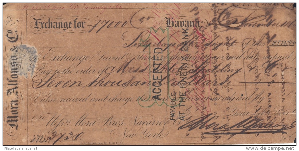 E5250 CUBA SPAIN ESPAÑA. 1863 EXCHANGE BANK CHECK MORA ALFONSO US. - Cheques & Traverler's Cheques