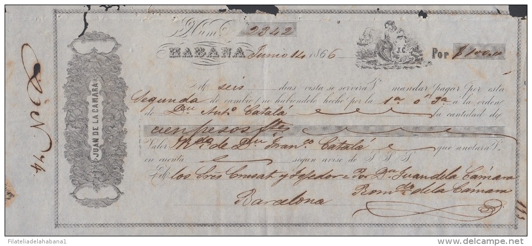 E5254 CUBA SPAIN ESPAÑA. 1866 EXCHANGE BANK CHECK JUAN DE LA CAMARA Y Ca. - Cheques & Traveler's Cheques