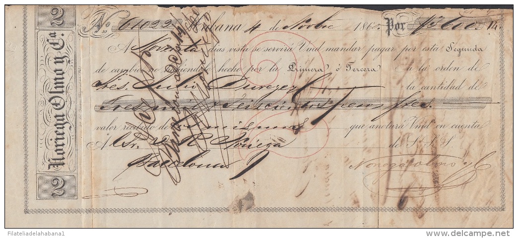 E5255 CUBA SPAIN ESPAÑA. 1860 EXCHANGE BANK CHECK NORIEGA OLMO Y Ca. - Cheques & Traverler's Cheques
