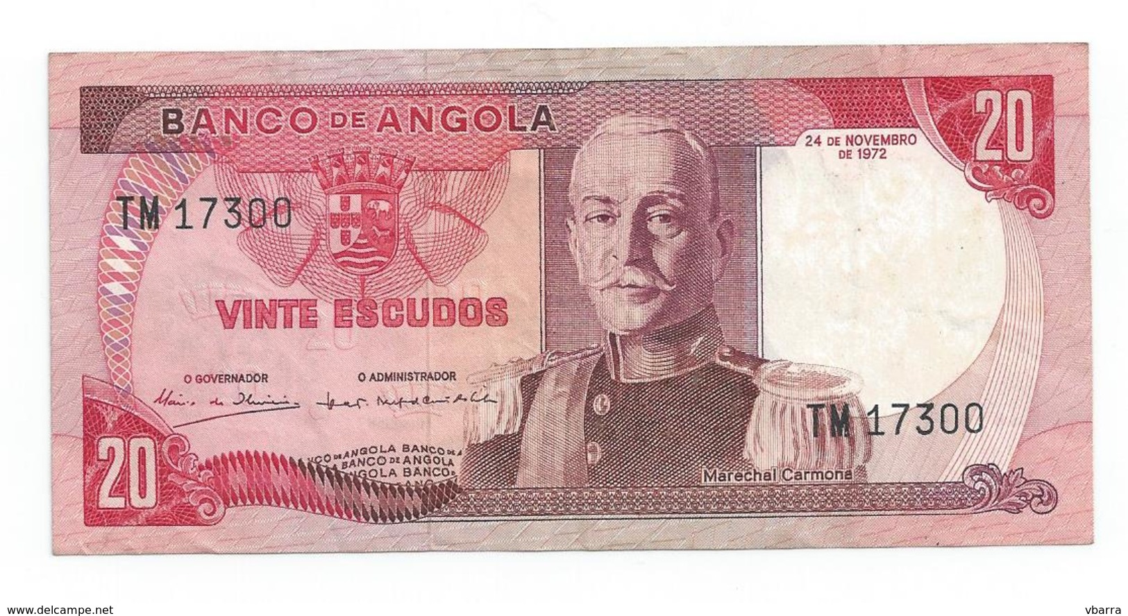 Bank Of Angola (colonial Period) 20 Escudos - Effigy Marechal Carmona - 1972 Banknote Billet De Banque Billete De Banco - Angola