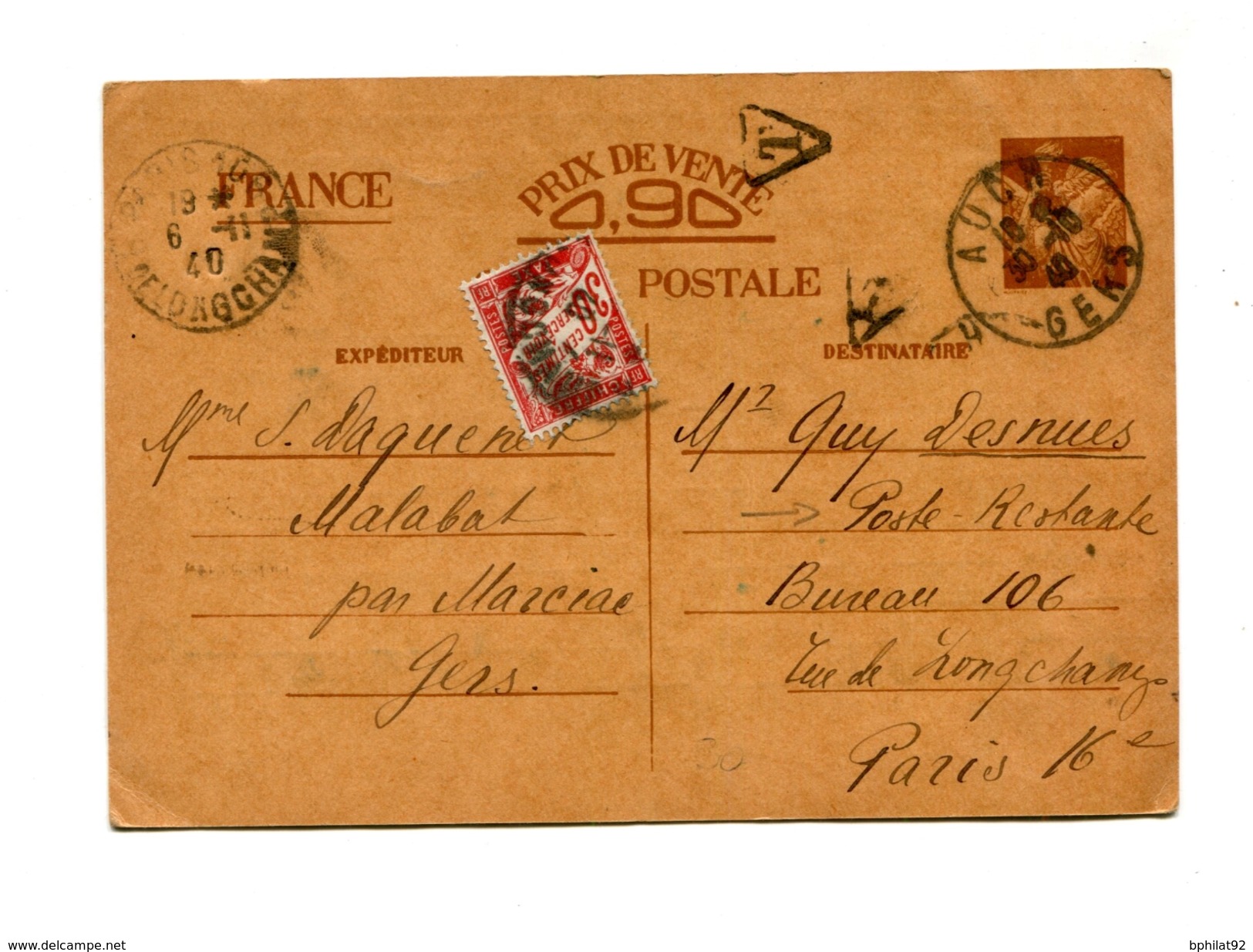 !!! ENTIER POSTAL IRIS DE 1940 AVEC TAXE DE POSTE RESTANTE - 1859-1959 Lettres & Documents
