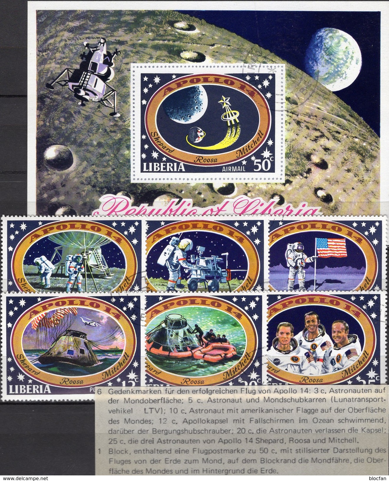 Apollo 14 USA-Flagge 1971 Liberia 777/2+Block 54 O 9&euro; Mondflug Astronauten-Crew S/s Flag Bloc Space Sheet Bf Africa - Afrika