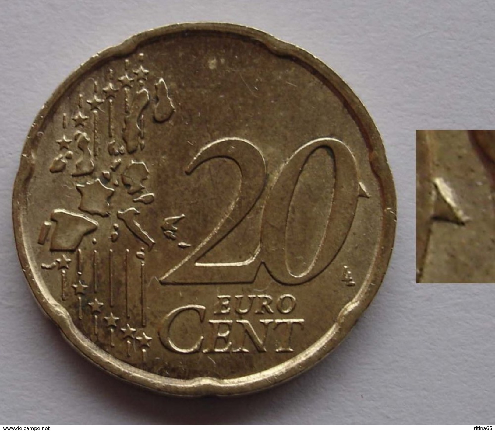 N. 60 ERRORE EURO !!! 20 CT. 2002 ITALIA ECCEDENZA DI METALLO SUL VALORE !! RARO - Errors And Oddities