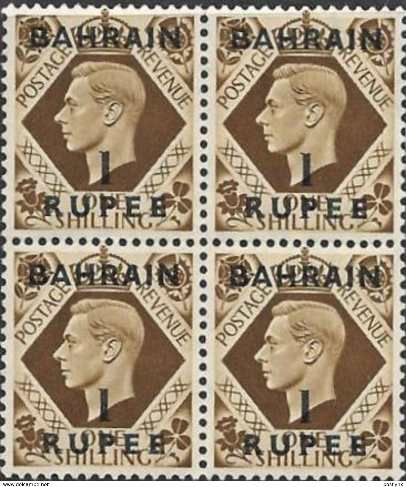 CV:&euro;6.25 BAHRAIN 1942 George VI 1R OVPT:BAHRAIN 4-BLOCK - Bahrain (...-1965)