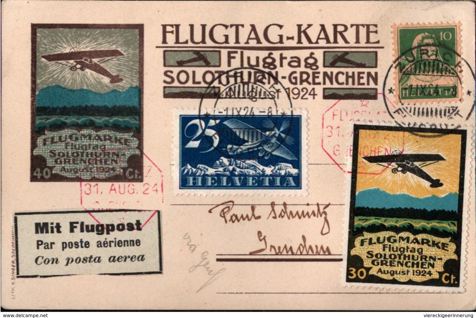 ! FLUGTAG Solothurn-Grenchen Suisse, Schweiz 1924 - Avion Aviation Flugpost Poste Aérienne, Flugmarke, Via Genf, Geneve - Erst- U. Sonderflugbriefe