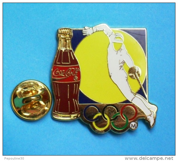 1 PIN'S  //   ** COCA COLA ** JO ** ESCRIME ÉPÉE ** . (Worldwide Olympic Sponsors &reg; C.O.A. A.O.C. Artiss-Regina) - Coca-Cola