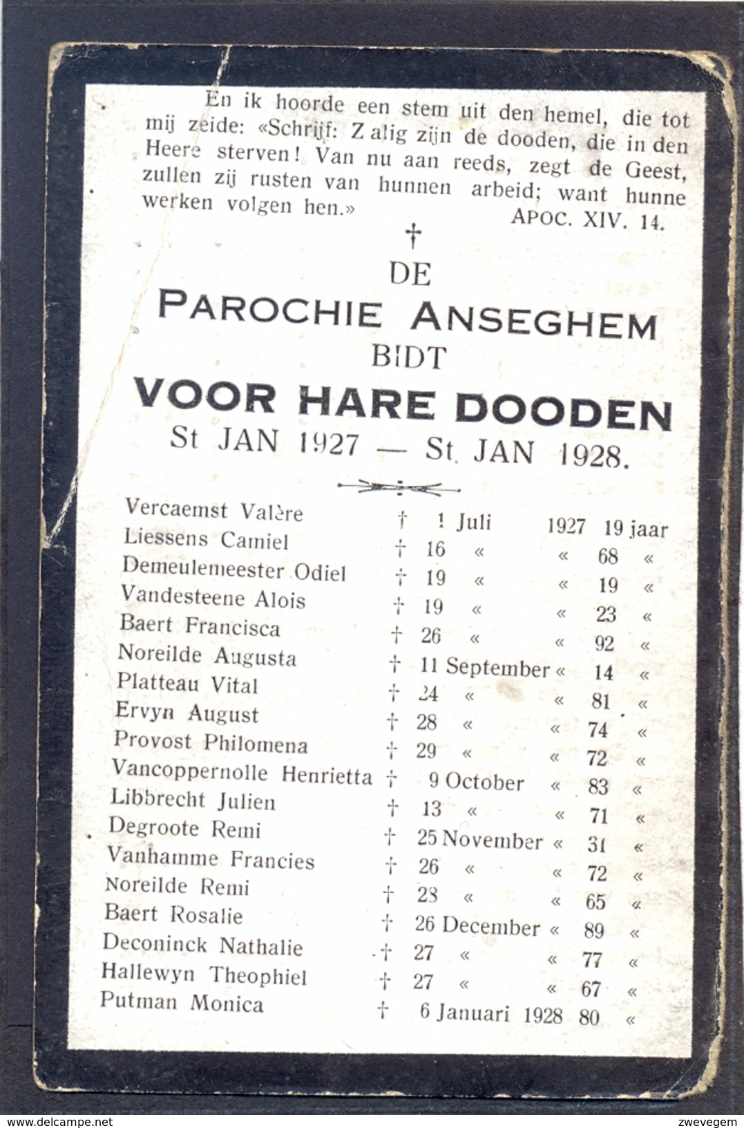 ANZEGEM - ANSEGHEM - Voor Hare Dooden St. Jan 1927-1928 - Devotion Images