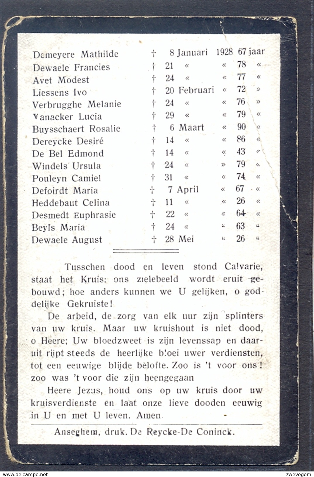 ANZEGEM - ANSEGHEM - Voor Hare Dooden St. Jan 1927-1928 - Devotion Images