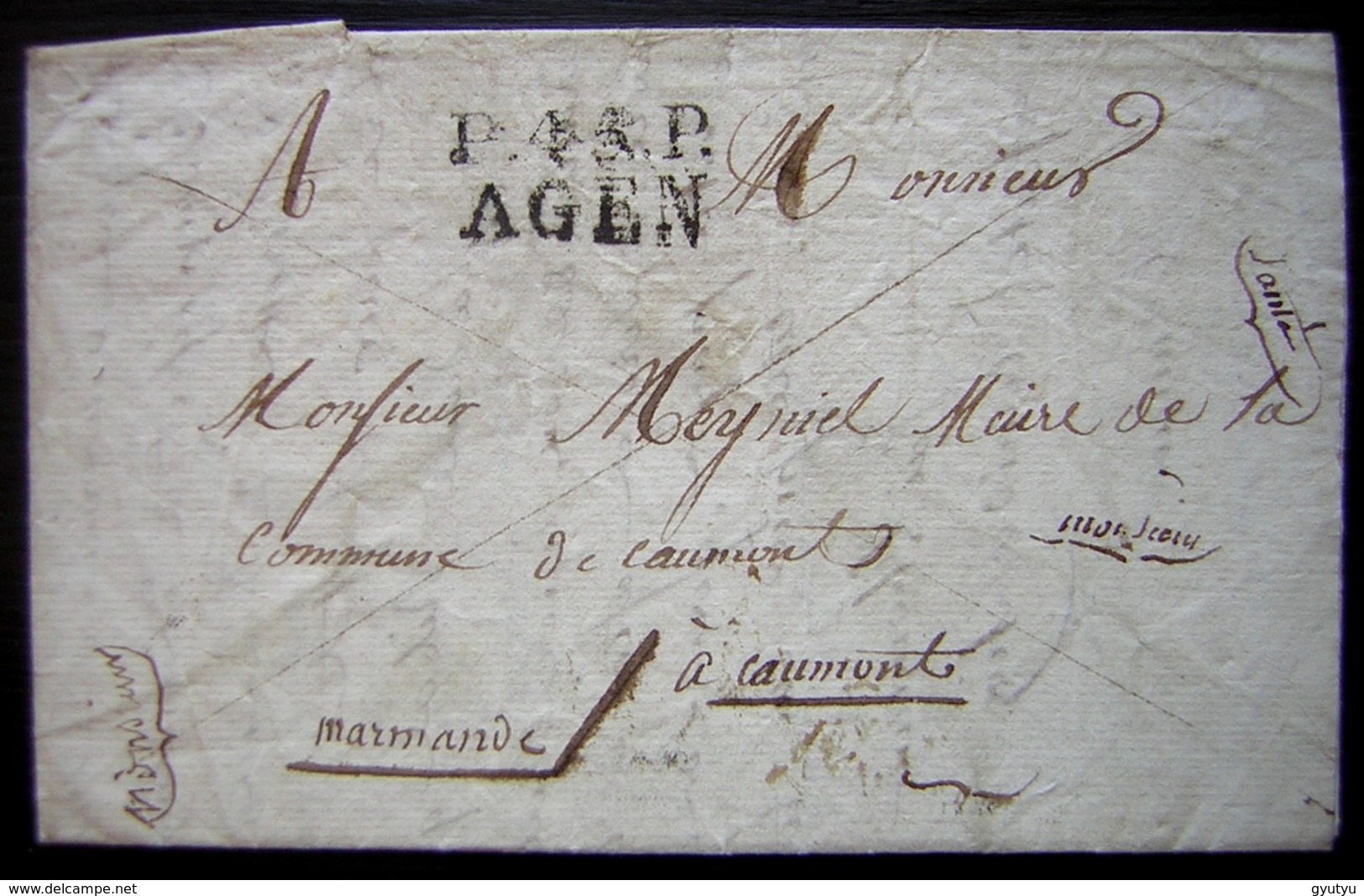 1820 Marque P45P AGEN (Lot Et Garonne) Sur Une Lettre Pour Le Maire De Caumont (port Payé) - 1801-1848: Précurseurs XIX