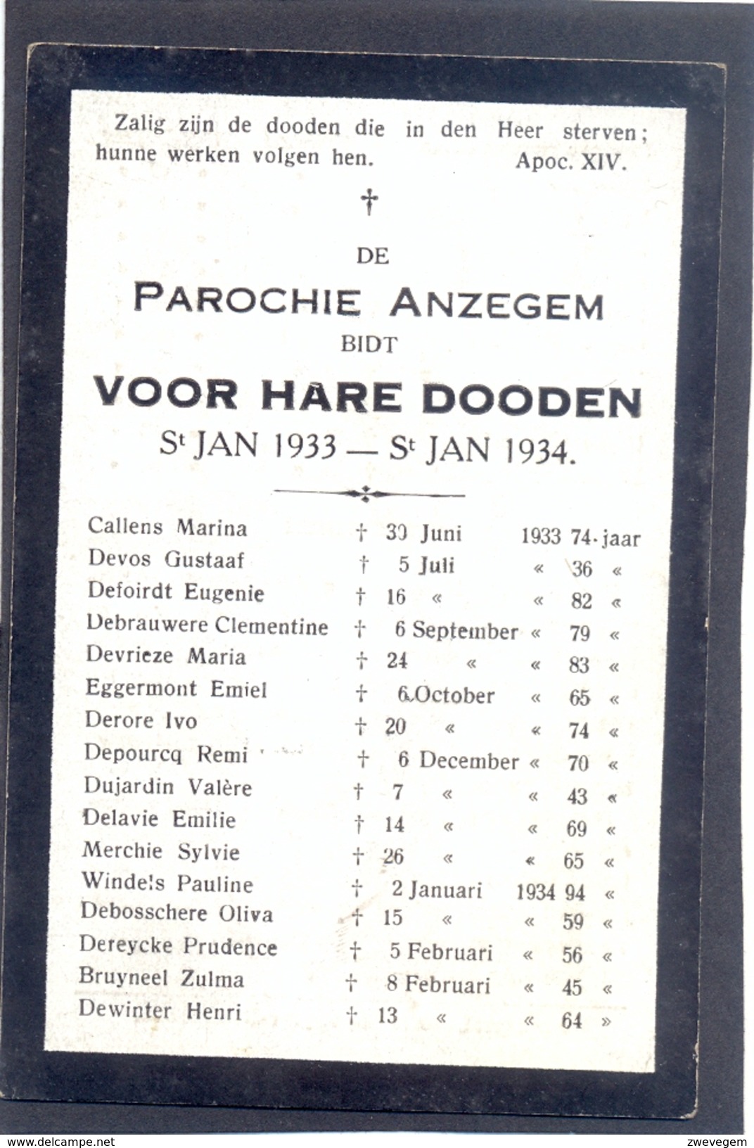 ANZEGEM - ANSEGHEM - Voor Hare Dooden St. Jan  -1933-1934 - Devotion Images