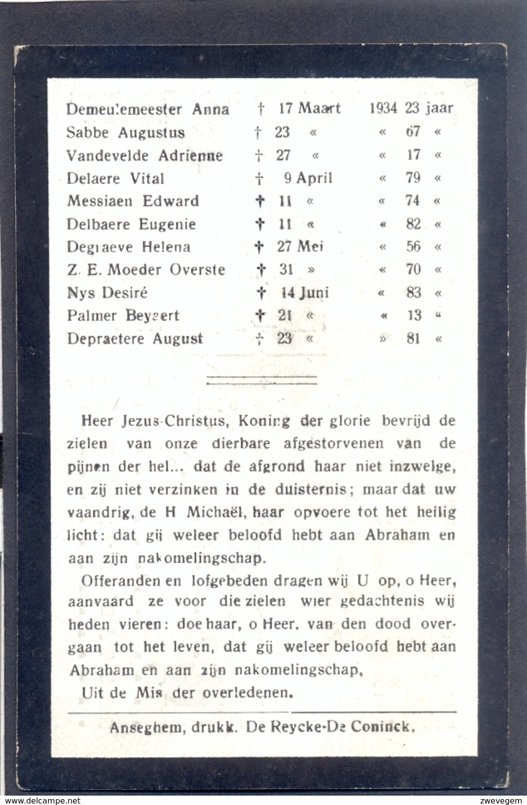 ANZEGEM - ANSEGHEM - Voor Hare Dooden St. Jan  -1933-1934 - Devotion Images