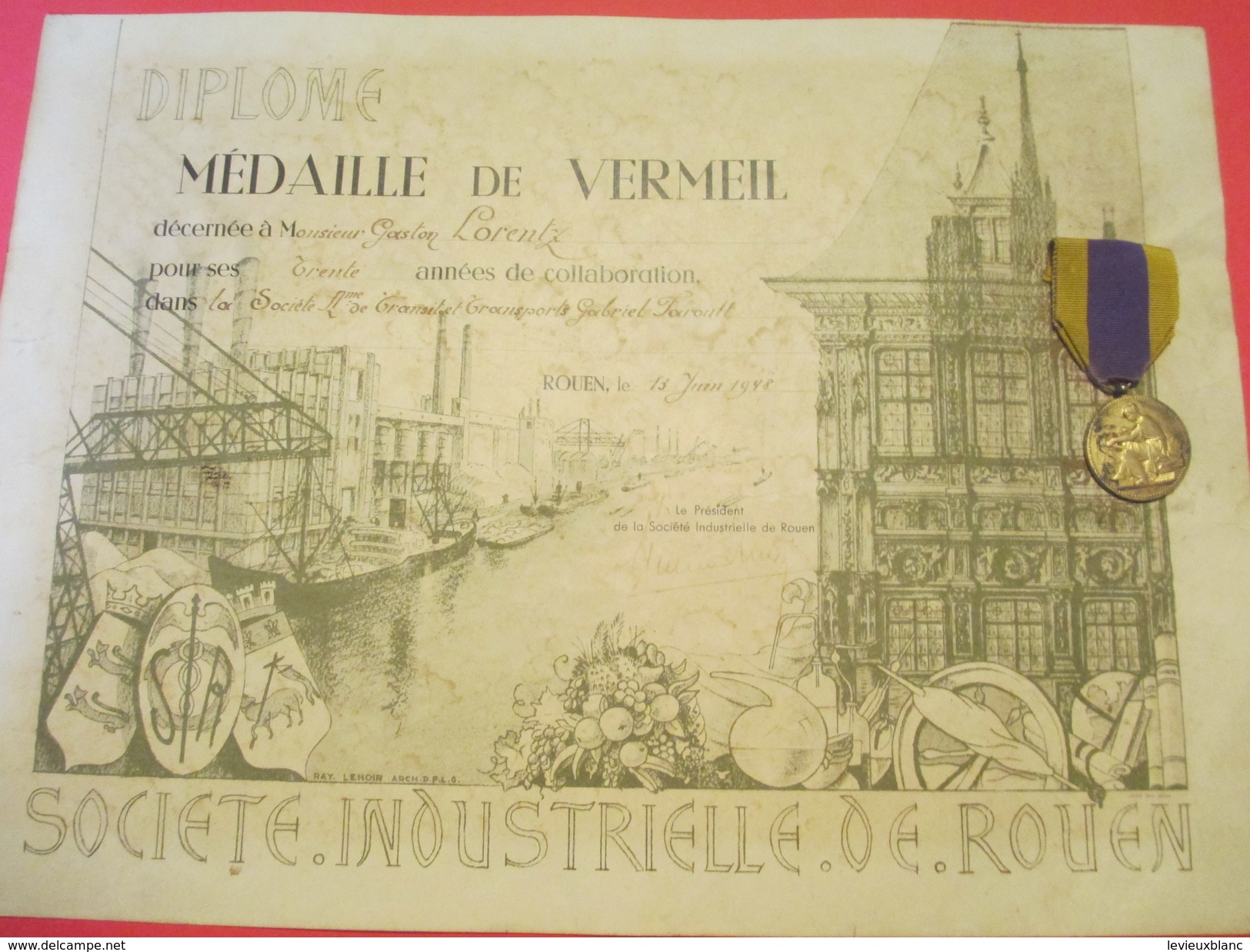Diplôme/Société Industrielle De Rouen/ Médaille De Vermeil/30 Ans De Collaboration/Avec La Vraie Médaille/1948    DIP174 - Diploma's En Schoolrapporten