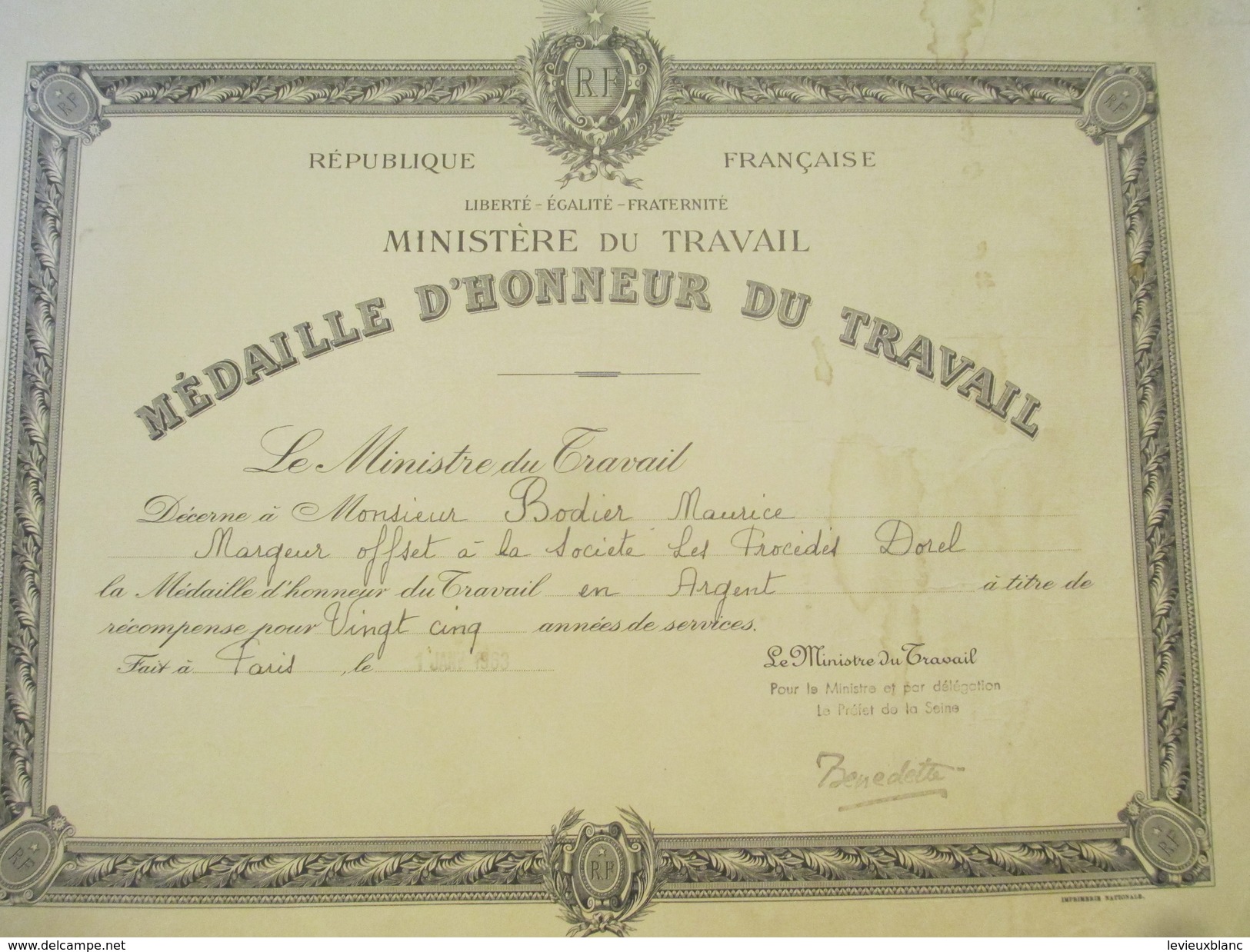 Diplôme/Médaille D'Honneur Du Travail/Ministére Du Travail/Argent/25 Ans/Société Des Procédés Dorel/BODIER/1963   DIP175 - Diploma's En Schoolrapporten