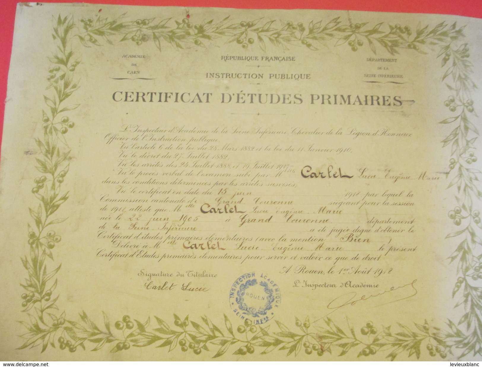 Diplôme/Certificat D'Etudes Primaires/Académie De CAEN/Seine Inférieure/CARLET/Grand Couronne/1918  DIP176 - Diploma & School Reports