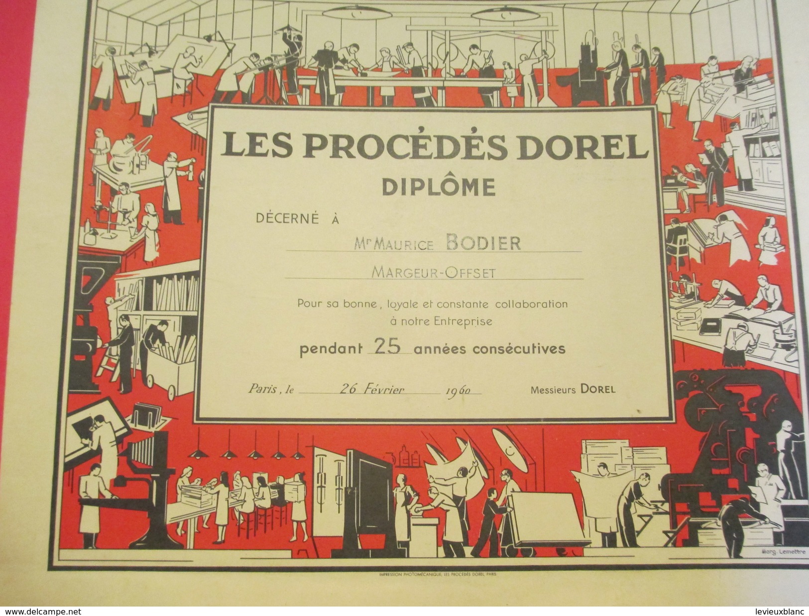 Diplôme/Les Procédés DOREL/ BODIER/ Margeur-Offset/25 Ans/Paris /1960         DIP177 - Diplômes & Bulletins Scolaires