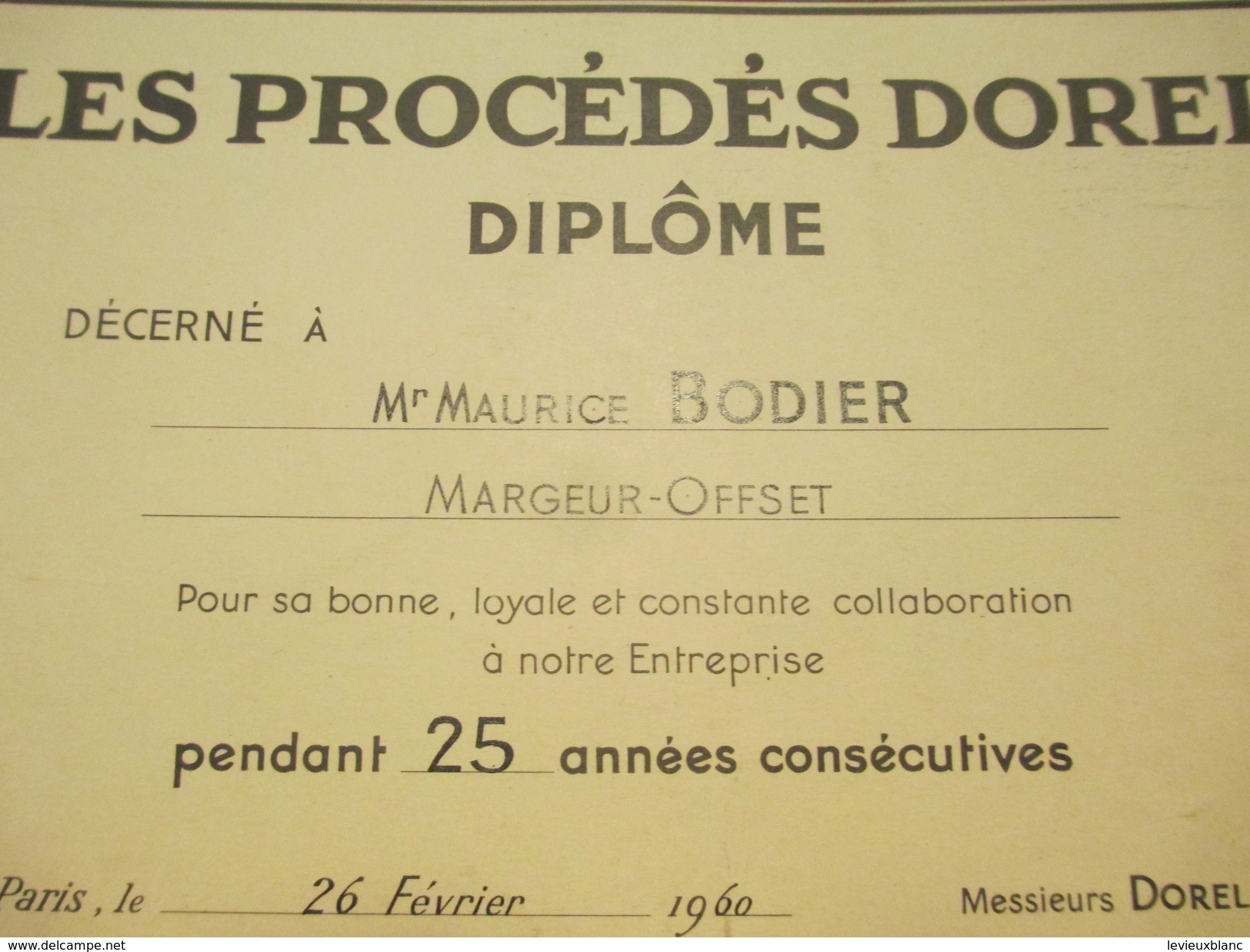 Diplôme/Les Procédés DOREL/ BODIER/ Margeur-Offset/25 Ans/Paris /1960         DIP177 - Diplômes & Bulletins Scolaires