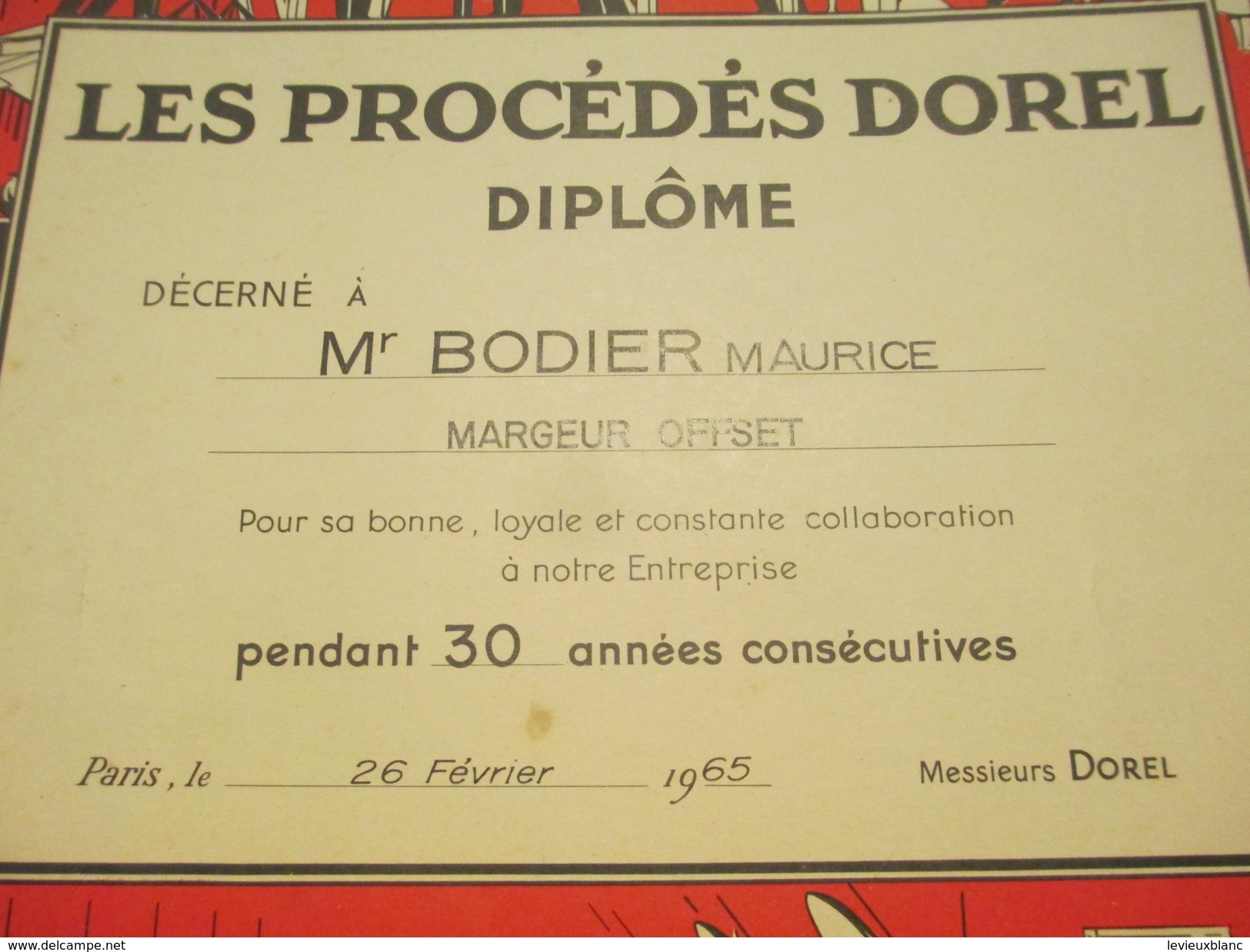 Diplôme/Les Procédés DOREL/ BODIER/ Margeur-Offset/30 Ans/Paris /1965         DIP178 - Diplômes & Bulletins Scolaires