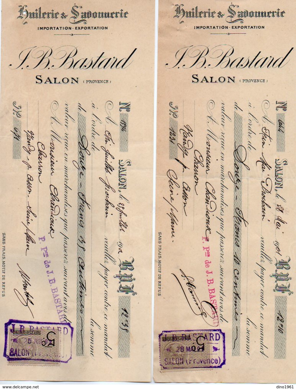 VP9118 -  2 Lettres De Change - Huilerie & Savonnerie J. B BASTARD à SALON DE PROVENCE - Bills Of Exchange