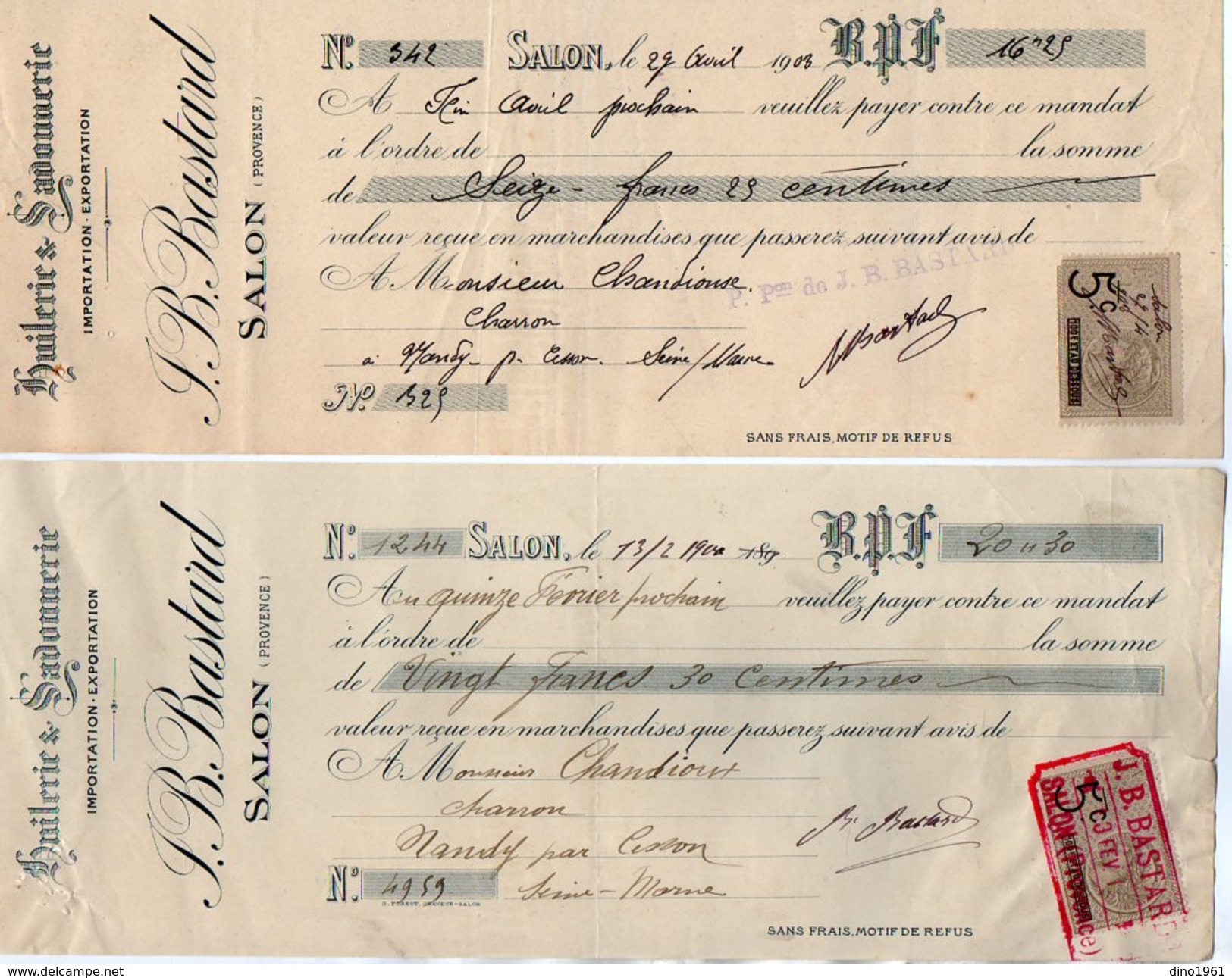 VP9119 -  2 Lettres De Change - Huilerie & Savonnerie J. B BASTARD à SALON DE PROVENCE - Bills Of Exchange
