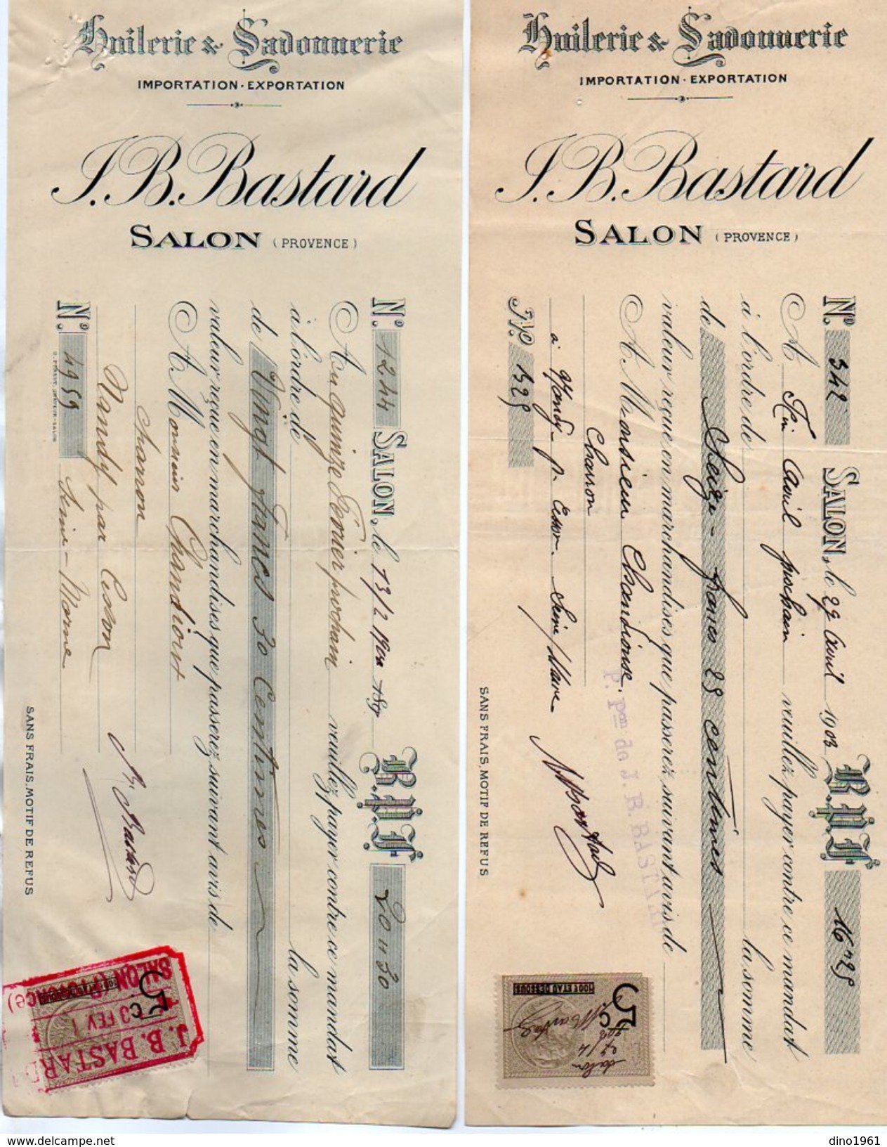 VP9119 -  2 Lettres De Change - Huilerie & Savonnerie J. B BASTARD à SALON DE PROVENCE - Bills Of Exchange