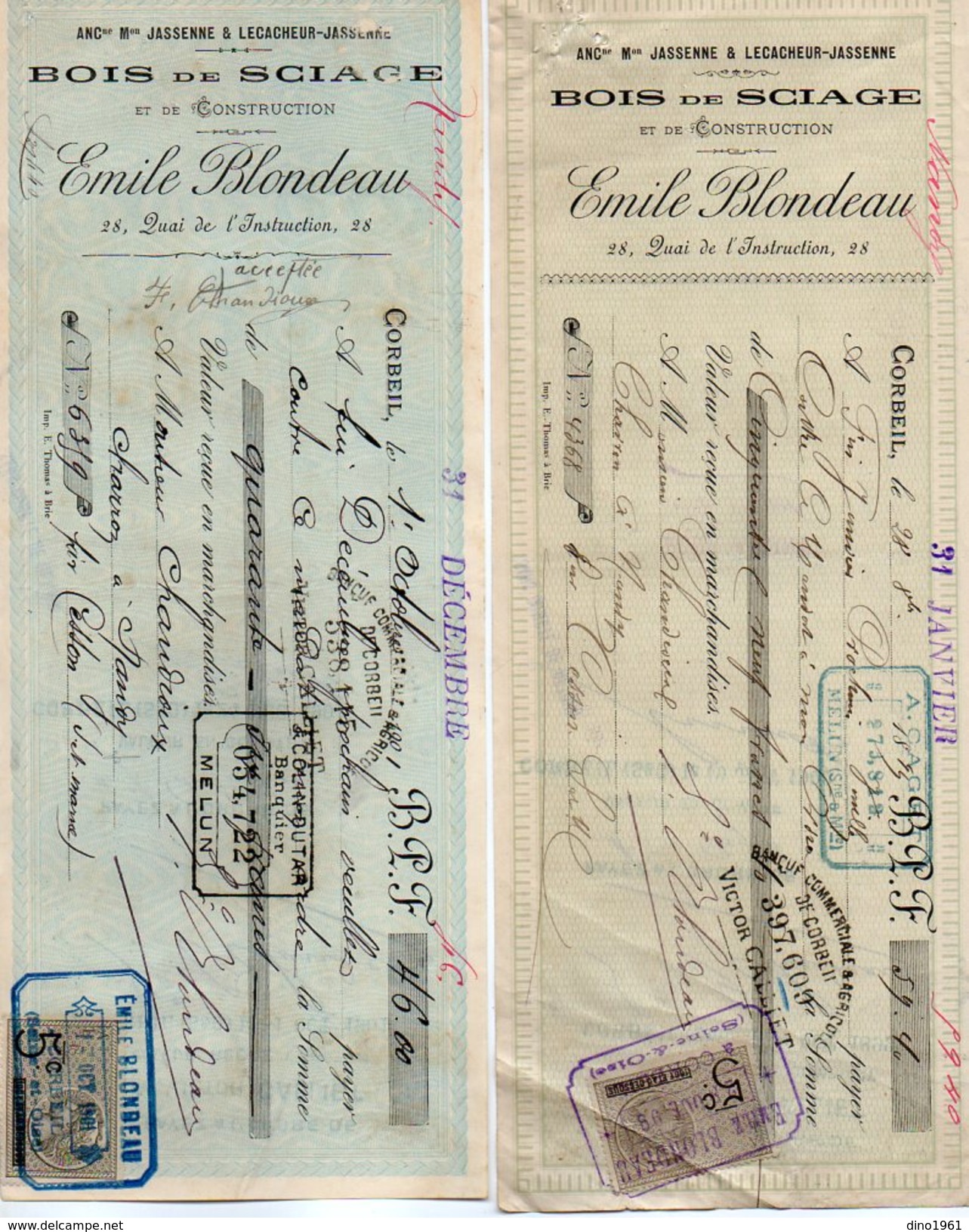 VP9122 -  2 Lettres De Change - Bois De Sciage Emile BLONDEAU à CORBEIL - Bills Of Exchange