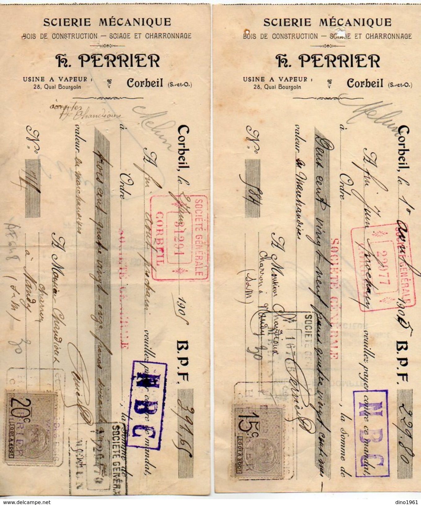 VP9123 -  2 Lettres De Change - Scierie Mécanique F. PERRIER à CORBEIL - Bills Of Exchange