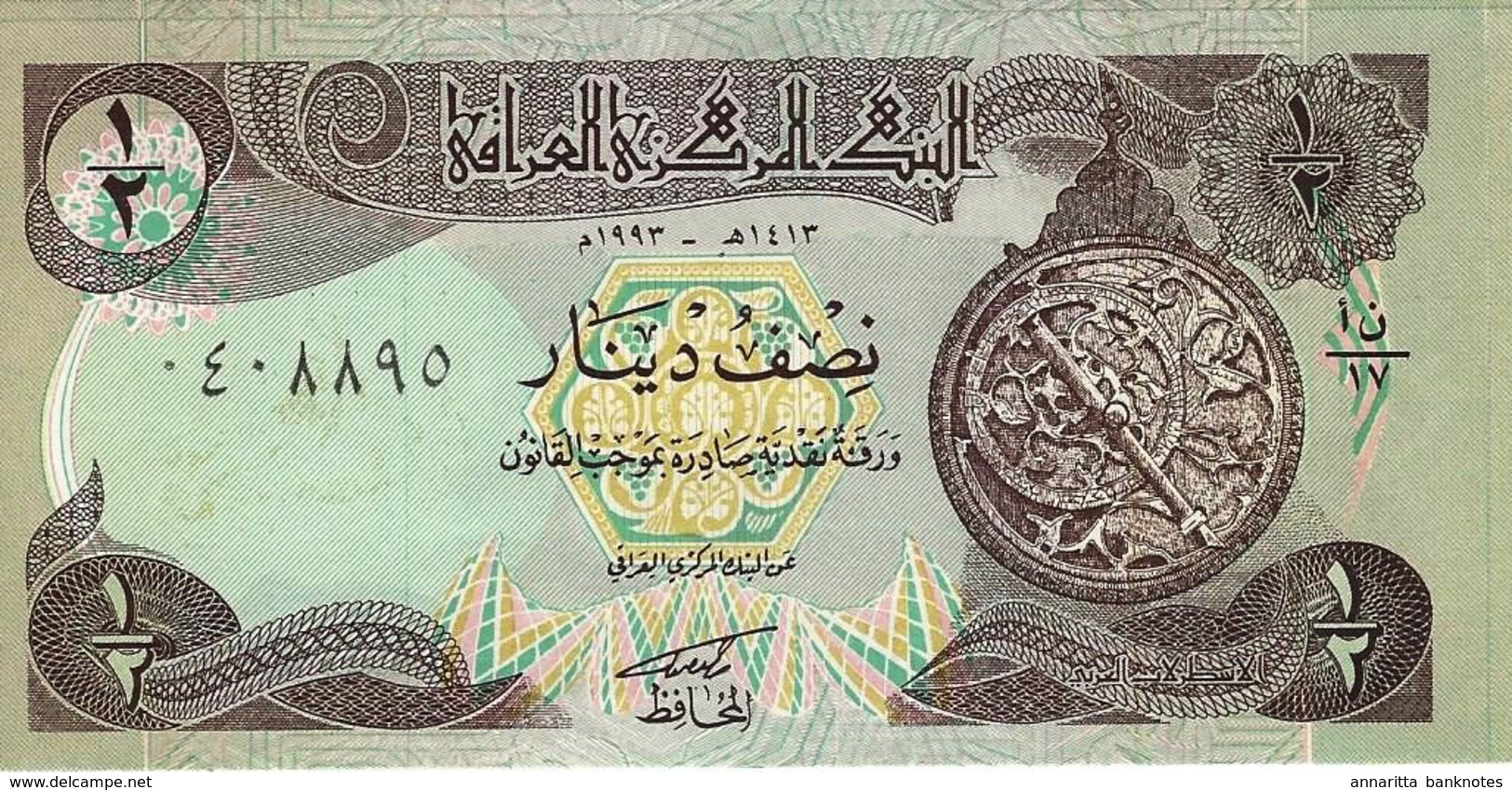 IRAQ 1/2 DINAR 1993 P-78a UNC BROWN & GREEN UNDERPRINT. [IQ335a] - Iraq