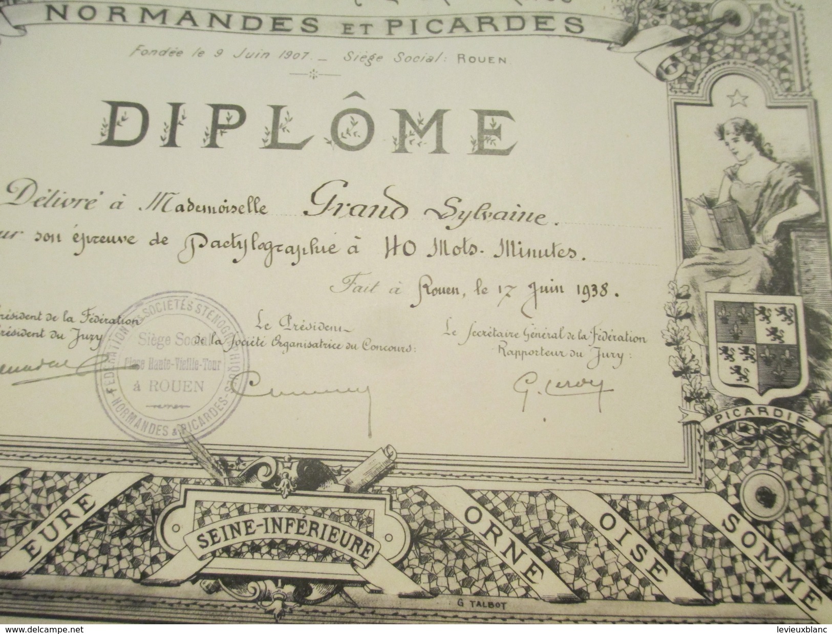 Diplôme/Dactylographie/40 Mots Minutes/Fédération Des Soc. Sténographiques Normandes Et Picardes/GRAND/Rouen/1938 DIP182 - Diplome Und Schulzeugnisse