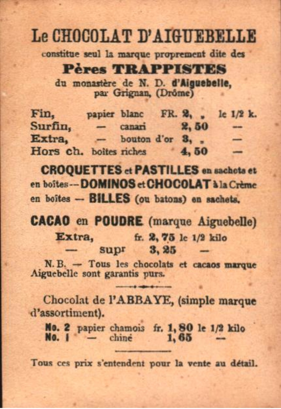 3 Petits Chromos Chocolat - Aiguebelle - Biblique - Bill-340 - R/V - Aiguebelle