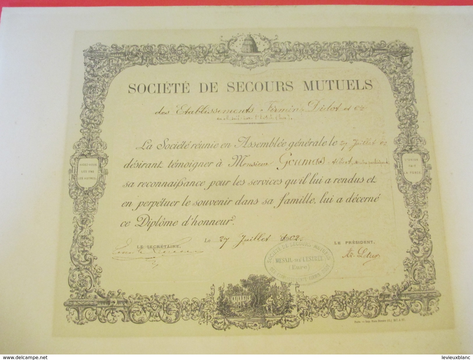 Diplôme/Honneur/Société De Secours Mutuels/Etablissements Firmin-Didot & Cie/GOUMAS/Mesnil Sur L'Estrée/Eure/1902 DIP187 - Diploma & School Reports
