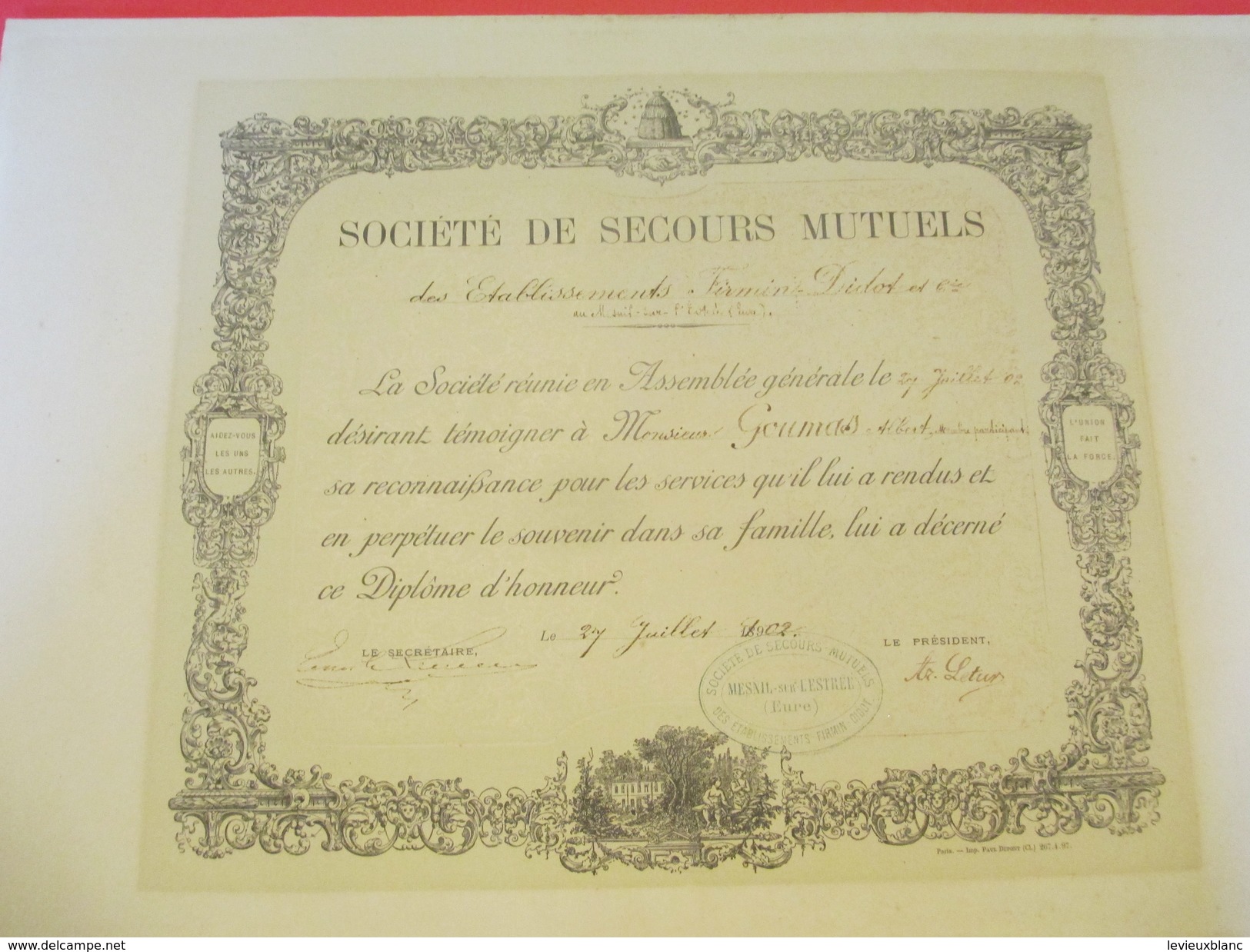 Diplôme/Honneur/Société De Secours Mutuels/Etablissements Firmin-Didot & Cie/GOUMAS/Mesnil Sur L'Estrée/Eure/1902 DIP187 - Diplomi E Pagelle