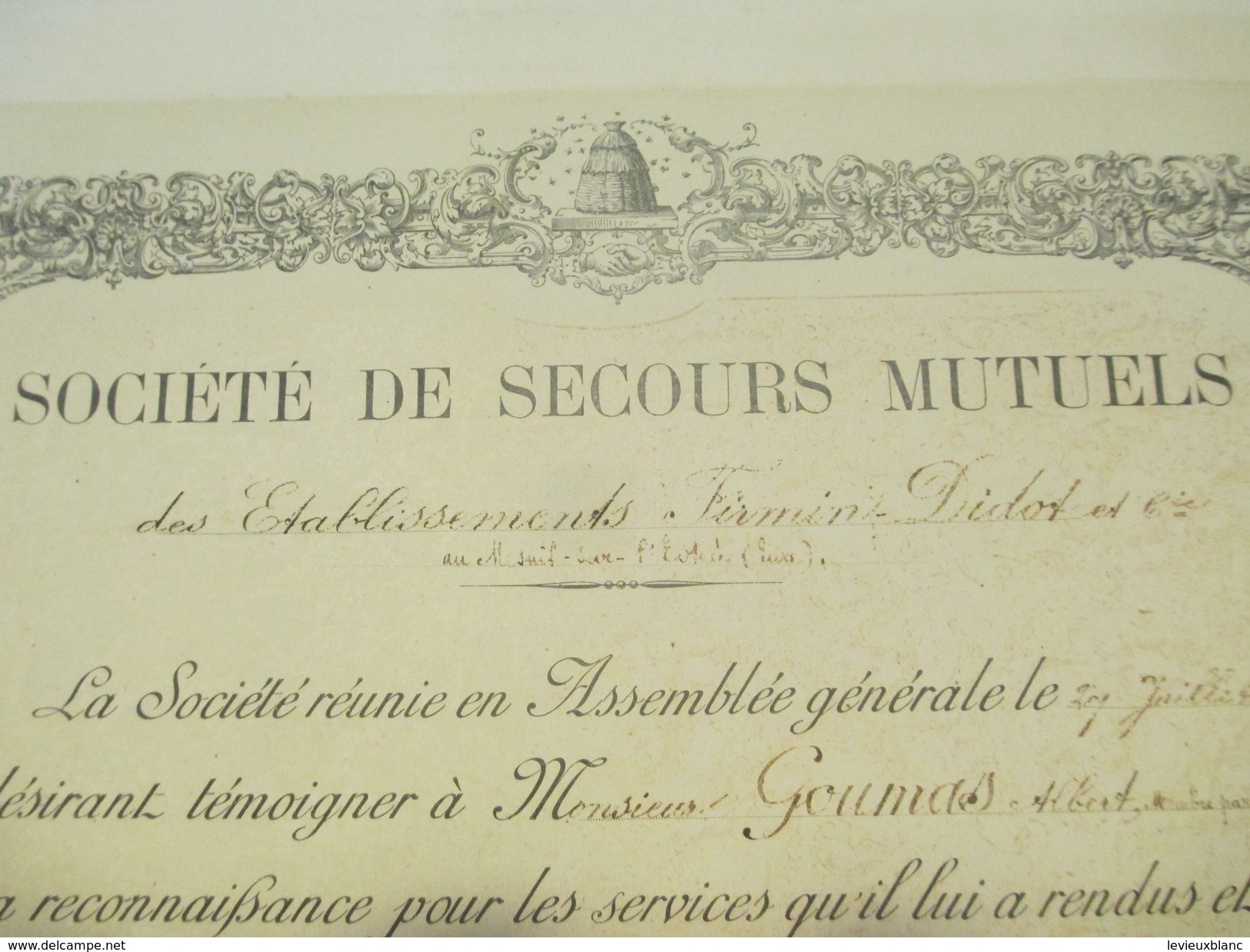 Diplôme/Honneur/Société De Secours Mutuels/Etablissements Firmin-Didot & Cie/GOUMAS/Mesnil Sur L'Estrée/Eure/1902 DIP187 - Diplômes & Bulletins Scolaires