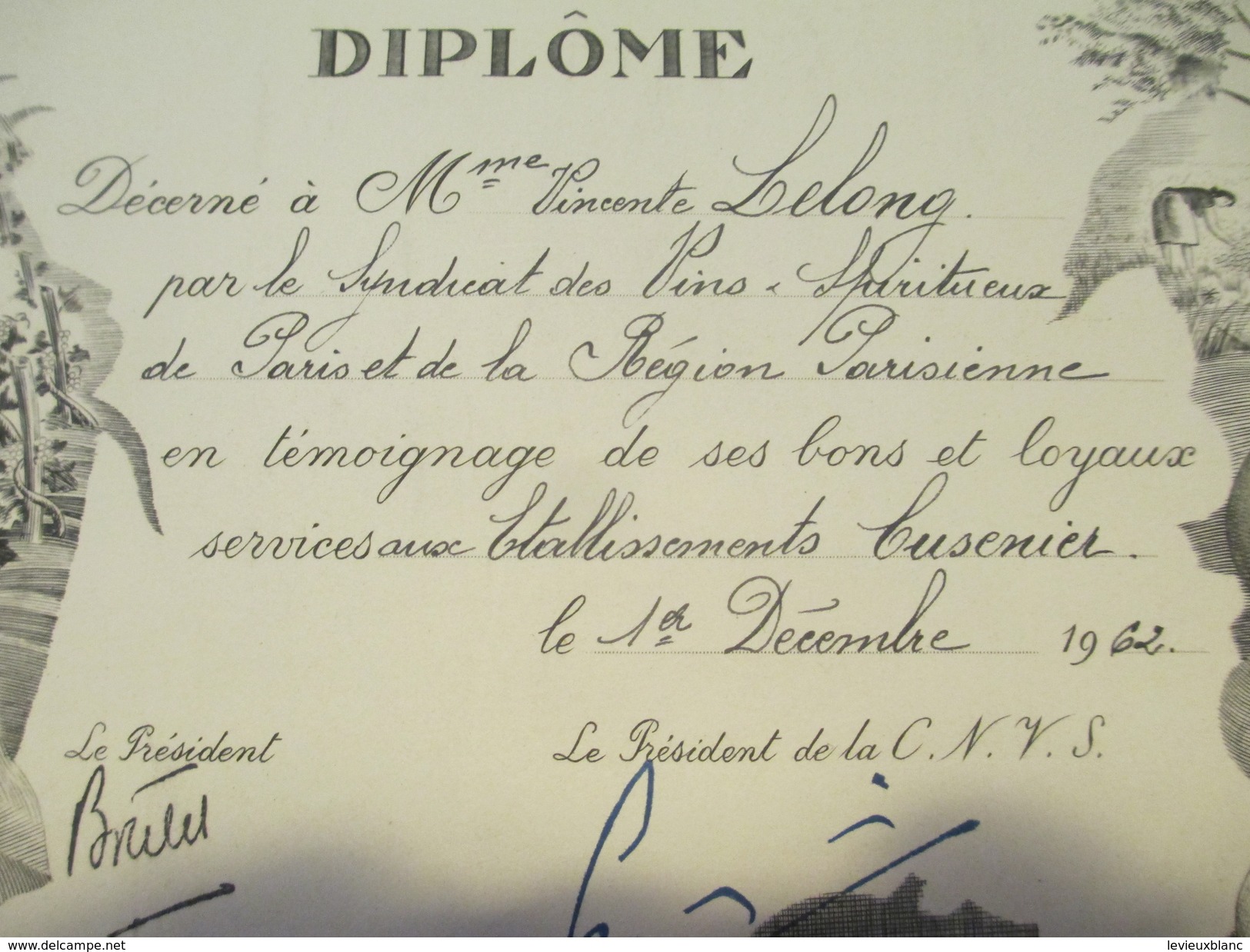 Diplôme/Conféd. Nat. Du Commerce En Gros Des Vins Cidres Spiritueux Et Liqueurs De France/LELONG/Cusenier/1962 DIP188 - Diplome Und Schulzeugnisse