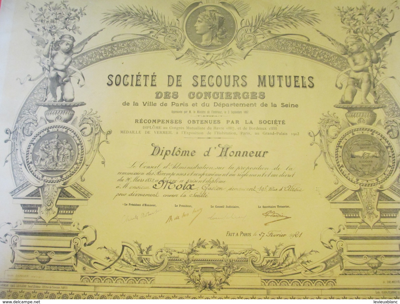 Diplôme/Honneur/Société Secours Mutuels Concierges De La Ville De Paris Et Du Département De La Seine/MOIX/1921   DIP189 - Diploma & School Reports