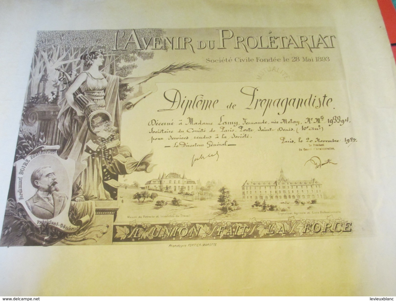 Diplôme/Propagandiste/L'Avenir Du Prolétariat/Société Civile/Comité De Paris/Fernande LAMY/Boire Fondateur/1927   DIP191 - Diploma & School Reports