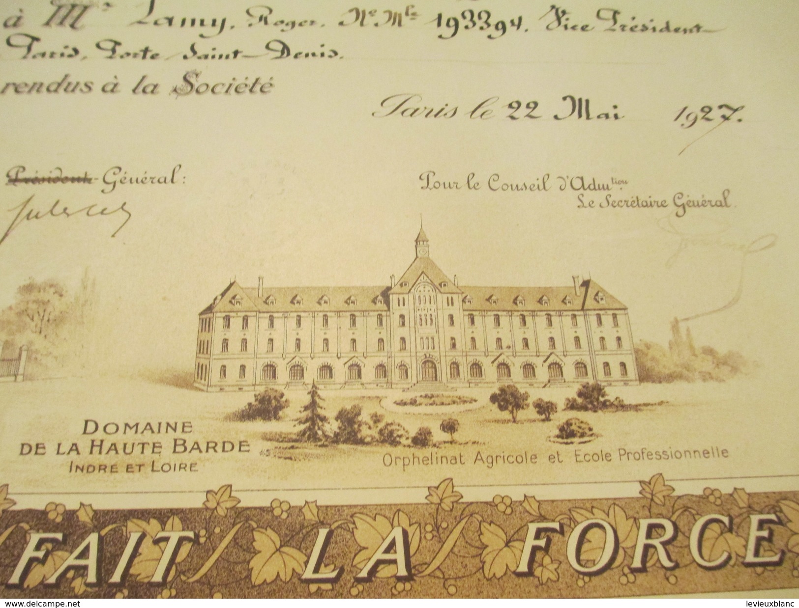 Diplôme/Médaille De Bronze/L'Avenir Du Prolétariat/Soc.Civ./Comité De Paris/Roger LAMY/Boire Fondateur/1927   DIP192 - Diploma & School Reports