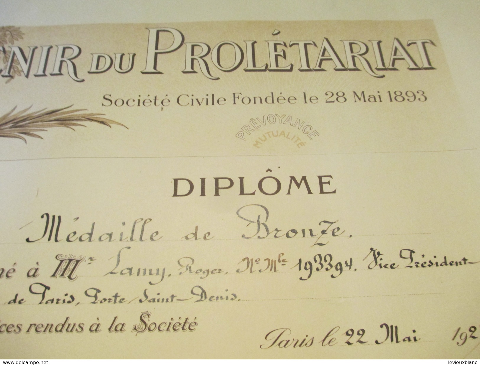 Diplôme/Médaille De Bronze/L'Avenir Du Prolétariat/Soc.Civ./Comité De Paris/Roger LAMY/Boire Fondateur/1927   DIP192 - Diploma & School Reports