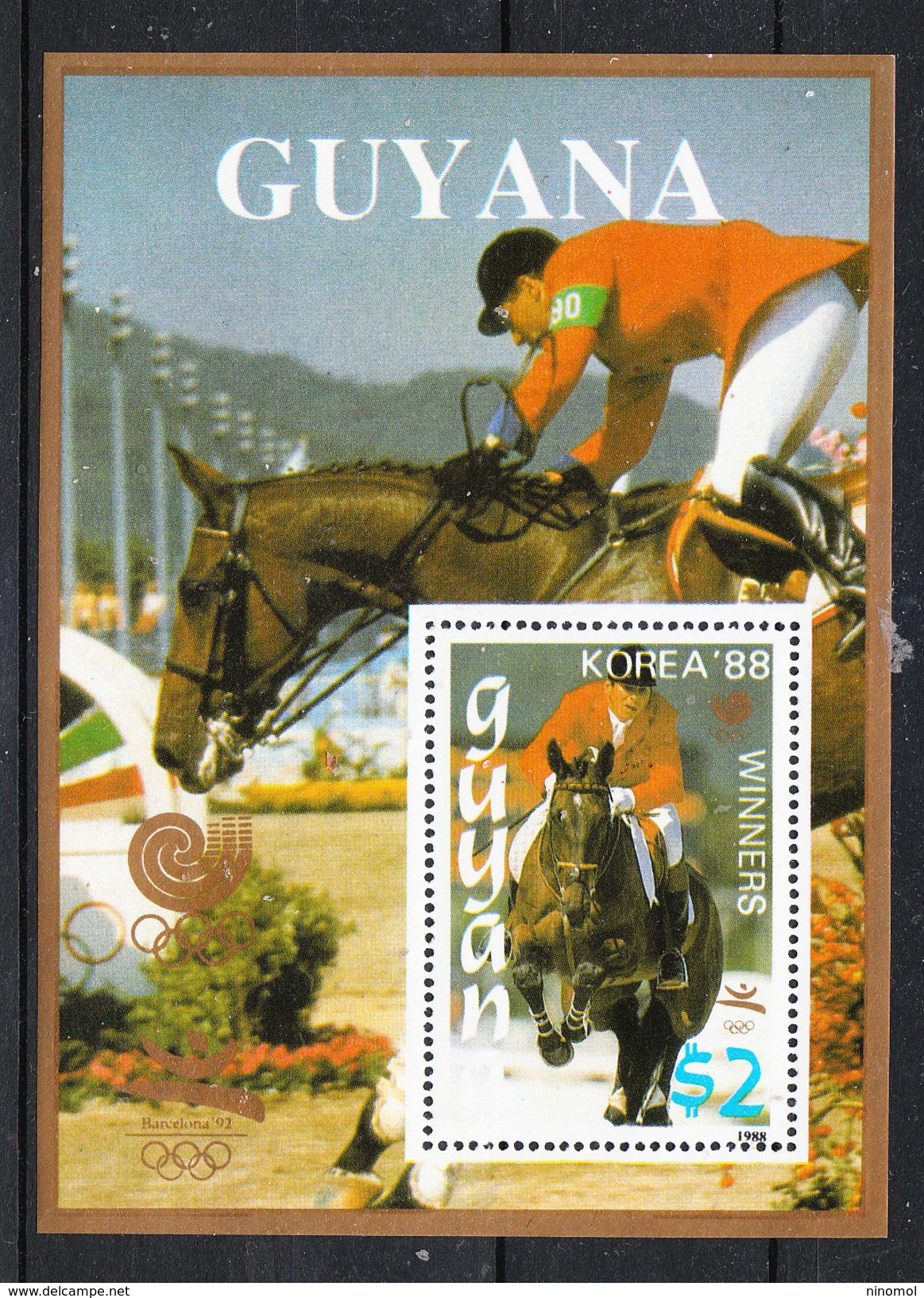 Guyana  -  1989. Equitazione.Vincitore A Seul. Anelli E Logo E Contorno Oro.Riding. Rings And Logo And Outline Gold.MNH - Estate 1988: Seul