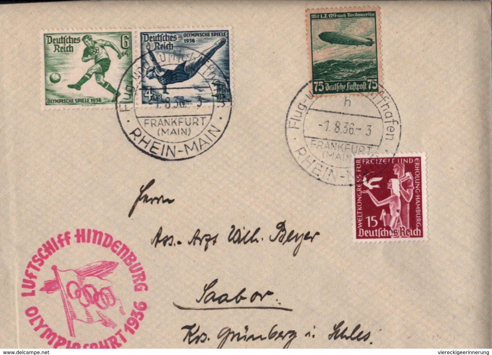 ! 1936, Zeppelin Brief, Beleg, LZ 129 Luftschiff Hindenburg, Olympiafahrt, Frankfurt, Berlin, Sabor In Schlesien, - Luft- Und Zeppelinpost