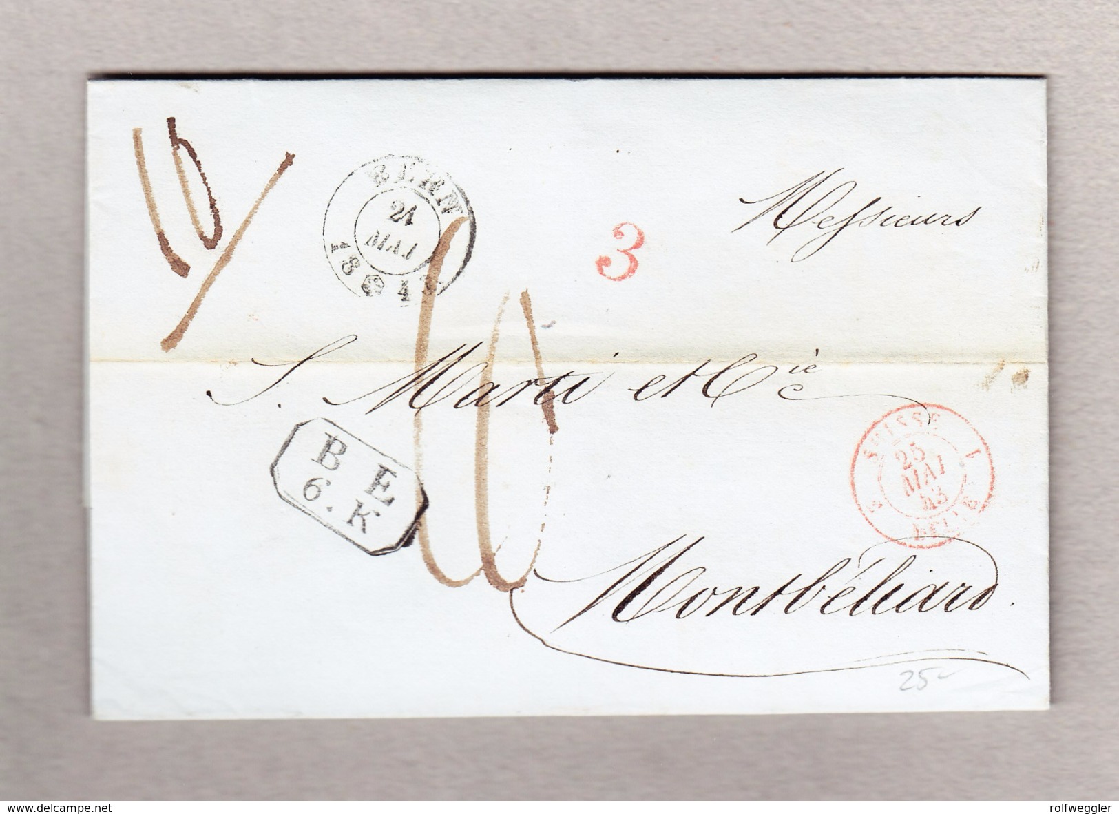 Schweiz 24.5.1843 Bern 2-Kreis Stempel  Vorphila-Brief Nach Montbeliard Mit Transitstempel "Suisse Delle" Rot "B.E.6.K." - ...-1845 Préphilatélie