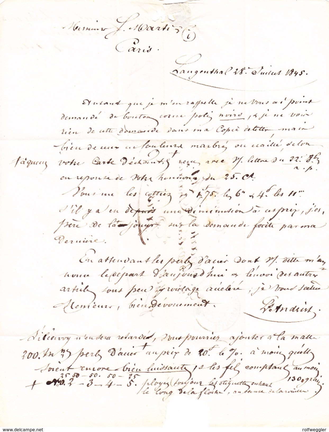 Schweiz LANGENTHAL 28.7.1945  2-Kreis Stempel Auf Brief Nach Paris Stempel PP Im Kasten Schwarz - ...-1845 Préphilatélie