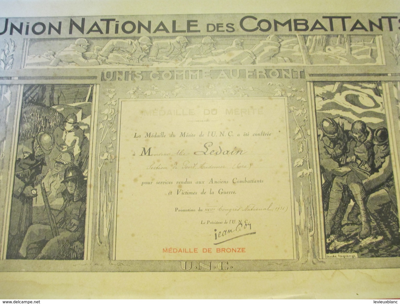 Diplôme/Médaille De Bronze/Union Nationale Des Combattants/LEDAIN/Section Pont Audemer/Eure/1936 DIP195 - Diplomas Y Calificaciones Escolares