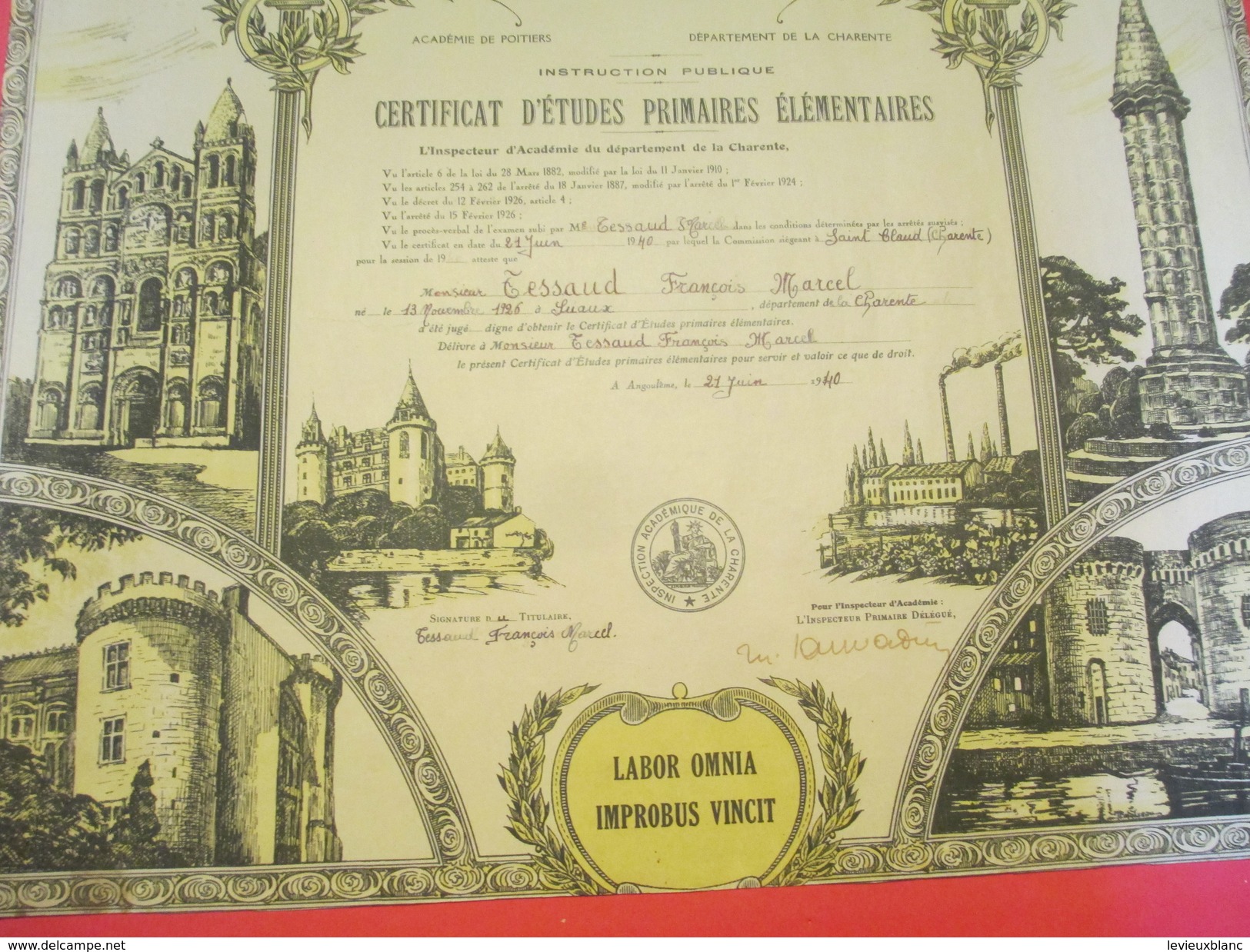 Diplôme/Certificat D'Etudes Primaires Elémentaires/Académie De Poitiers/Charente/TESSAUD/Suaux/1940         DIP197 - Diploma's En Schoolrapporten