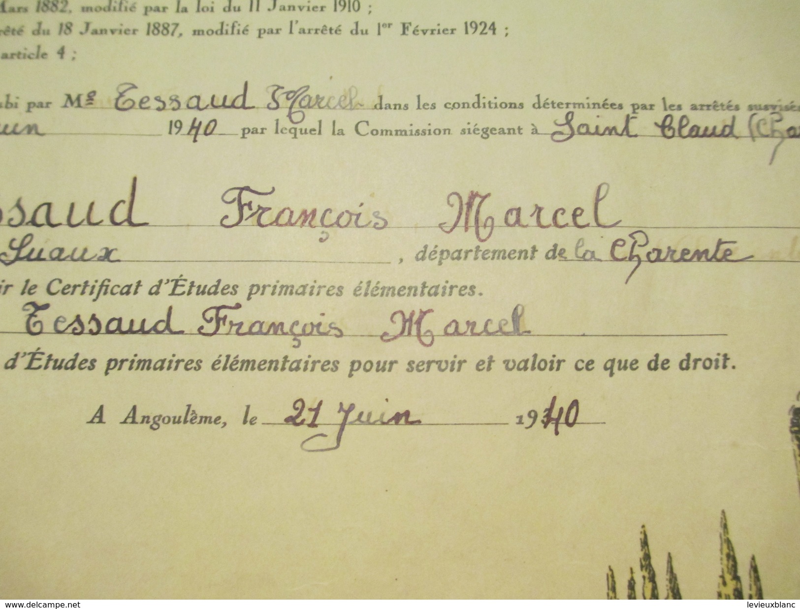 Diplôme/Certificat D'Etudes Primaires Elémentaires/Académie De Poitiers/Charente/TESSAUD/Suaux/1940         DIP197 - Diploma & School Reports