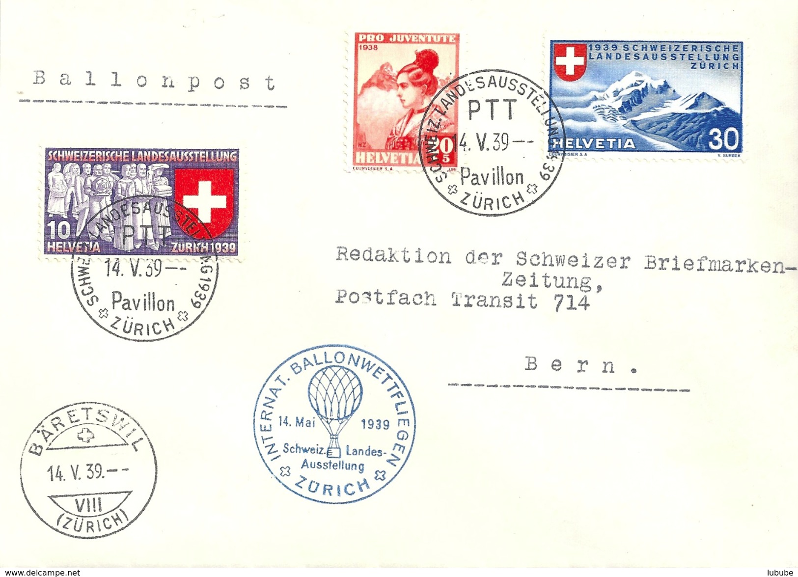 Sonderbrief  "Internat.Ballonwettfliegen Zürich - Schweiz.Landesausstellung"                 1939 - Erst- U. Sonderflugbriefe